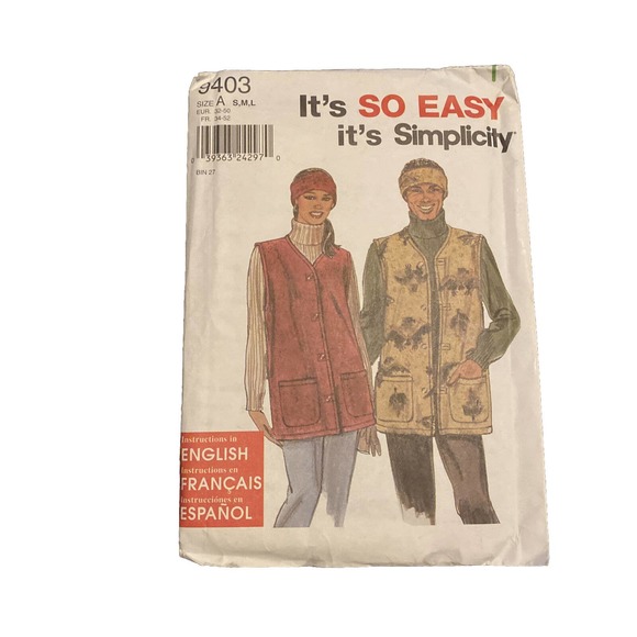 Uncut Simplicity Pattern # 9403 Unisex Vest & Headband Sz A (S-L). Fleece Fall - Picture 2 of 3